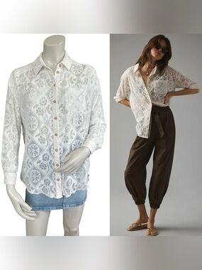 Anthropologie Pilcro White Printed Floral Lace Oversized Button Down Shirt XXS